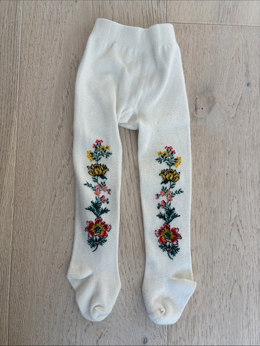 Cream Floral Embroidered Kids Tights